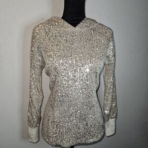 INC International Concepts Silver Sequin Hooded Pullover